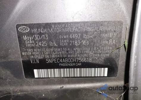 2013 Hyundai Sonata Se 2.0T из США, поврежденный, VIN 5NPEC4AB0DH756618